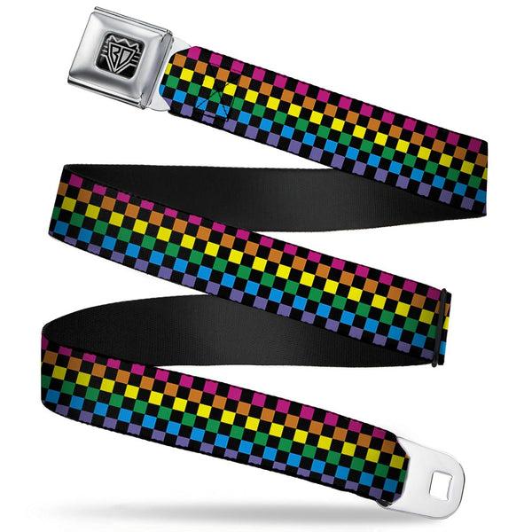 buckle down BD Wings Logo CLOSE-UP Full Color Black Silver Seatbelt Belt - Checker Black/Neon Rainbow Webbing