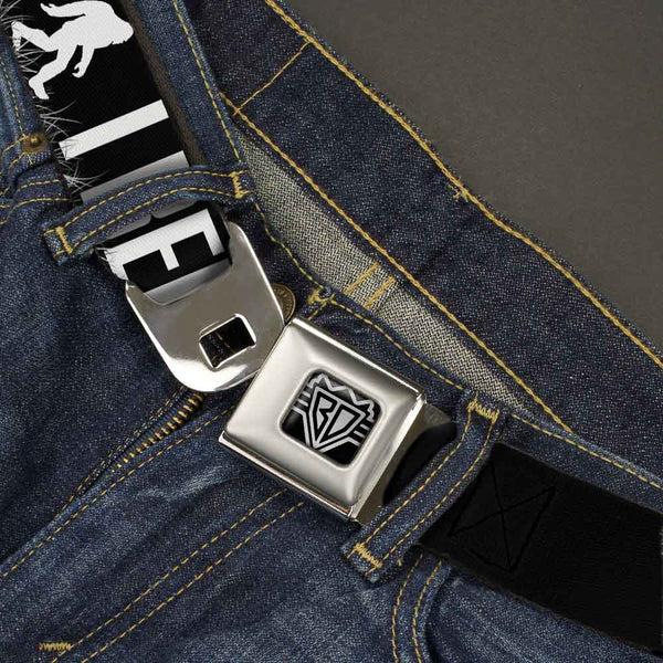 Buckle Down BD Wings Logo CLOSE-UP Full Color Black Silver Seatbelt Belt - Bigfoot Silhouette I BELIEVE Black/Gray/White Webbing