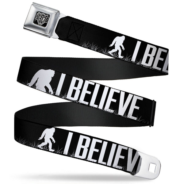 buckle down BD Wings Logo CLOSE-UP Full Color Black Silver Seatbelt Belt - Bigfoot Silhouette I BELIEVE Black/Gray/White Webbing