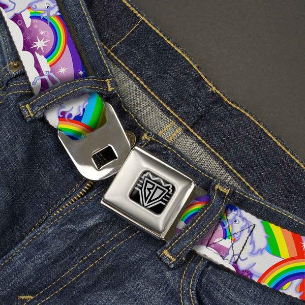 Buckle Down BD Wings Logo CLOSE-UP Full Color Black Silver Seatbelt Belt - Unicorns In Rainbows W/Sparkles/Purple Webbing