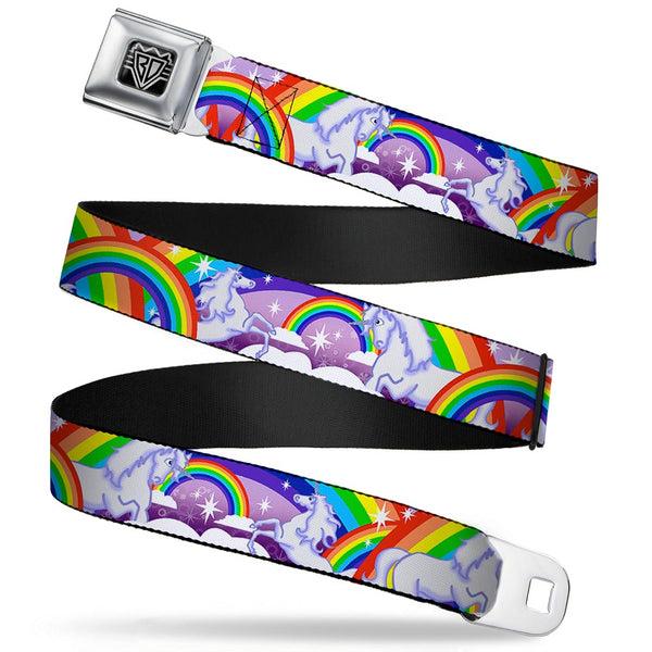 buckle down BD Wings Logo CLOSE-UP Full Color Black Silver Seatbelt Belt - Unicorns in Rainbows w/Sparkles/Purple Webbing