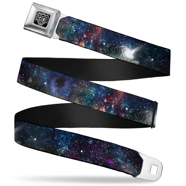 buckle down BD Wings Logo CLOSE-UP Full Color Black Silver Seatbelt Belt - Galaxy Collage Webbing