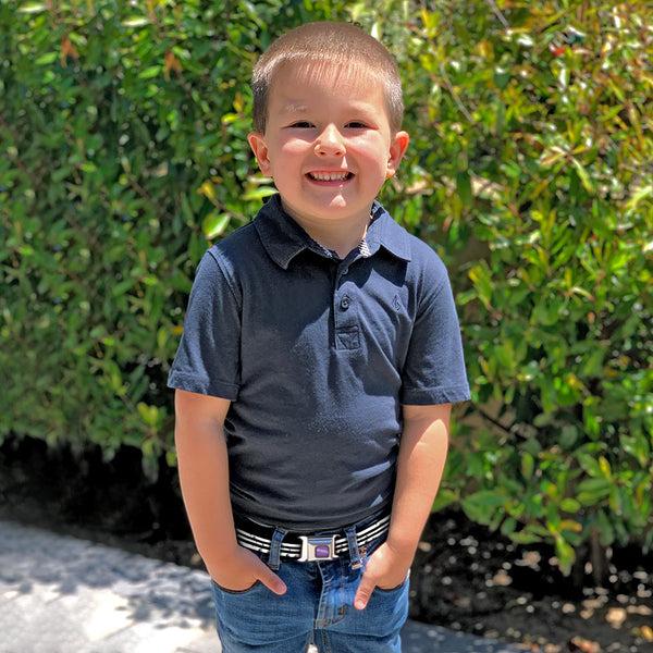 Buckle Down BEETLEJUICE Text Logo Full Color Purple/White Seatbelt Belt - Beetlejuice Suit Striping Black/White Webbing