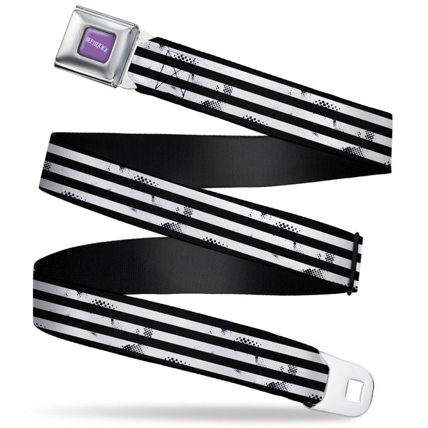 buckle down BEETLEJUICE Text Logo Full Color Purple/White Seatbelt Belt - Beetlejuice Suit Striping Black/White Webbing