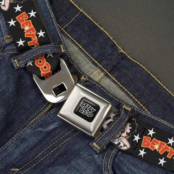 Buckle Down BETTY BOOP Title Logo Full Color Black/White Seatbelt Belt - BETTY BOOP Salute Pose And Text Stars Black/White/Yellow/Red Webbing