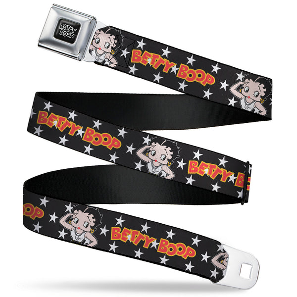 buckle down BETTY BOOP Title Logo Full Color Black/White Seatbelt Belt - BETTY BOOP Salute Pose and Text Stars Black/White/Yellow/Red Webbing