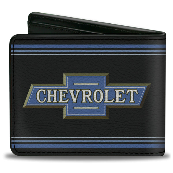 Buckle Down Bi-Fold Wallet - 1916 Chevrolet Bowtie Logo Stripes Black Blue