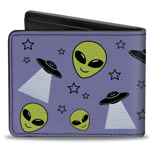 Buckle Down Bi-Fold Wallet - Alien Head Stars UFO's Scattered Lavender Black Green