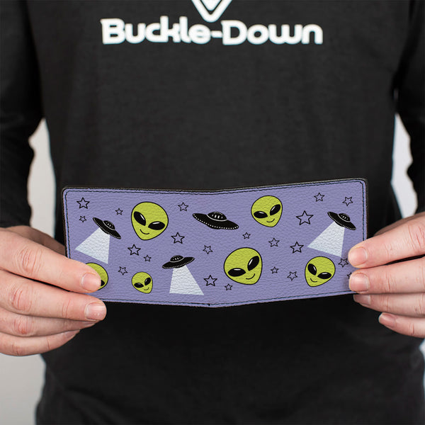 Buckle Down Bi-Fold Wallet - Alien Head Stars UFO's Scattered Lavender Black Green