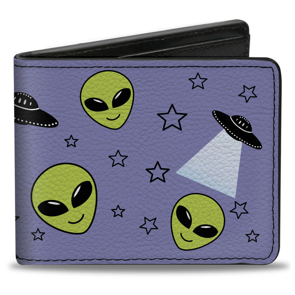 buckle down Bi-Fold Wallet - Alien Head Stars UFO's Scattered Lavender Black Green
