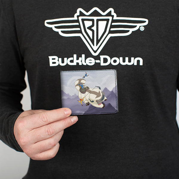 Buckle Down Bi-Fold Wallet - Avatar The Last Airbender Appa Carrying 4-Character Group Scene Over Mountains + Logo Grays Black
