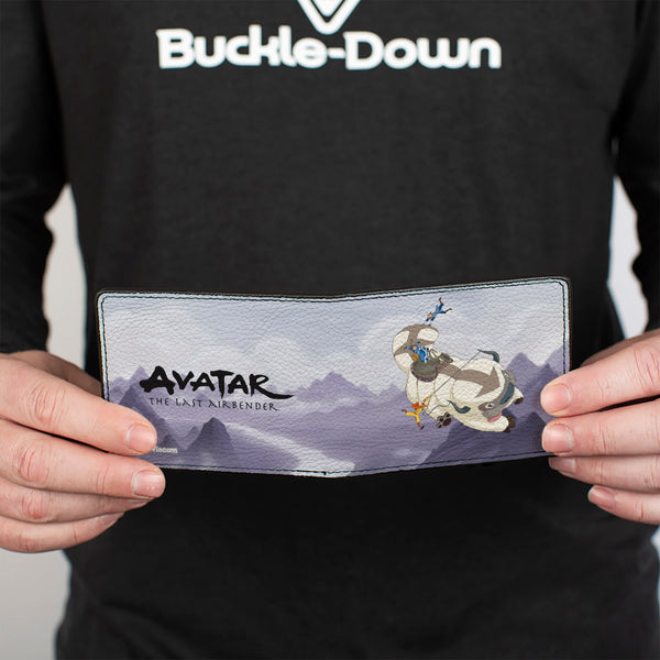 Buckle Down Bi-Fold Wallet - Avatar The Last Airbender Appa Carrying 4-Character Group Scene Over Mountains + Logo Grays Black