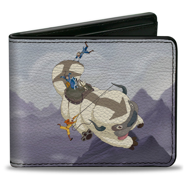 buckle down Bi-Fold Wallet - Avatar the Last Airbender Appa Carrying 4-Character Group Scene Over Mountains + Logo Grays Black