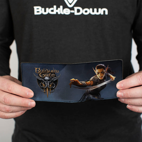 Buckle Down Bi-Fold Wallet - BALDUR'S GATE Lae'zel Sword Pose And Title Logo