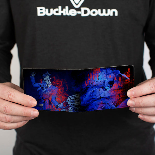 Buckle Down Bi-Fold Wallet - Batman Action + Joker Flipping Cards Poses Black Blues Reds