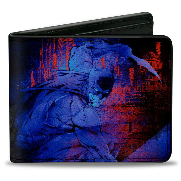 buckle down Bi-Fold Wallet - Batman Action + Joker Flipping Cards Poses Black Blues Reds