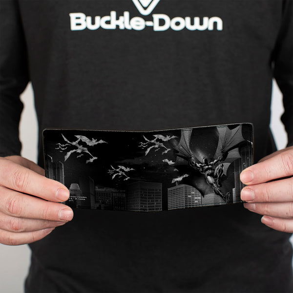 Buckle Down Bi-Fold Wallet - Batman Beauty Of Flight Action Pose Bats Skyline Black Grays