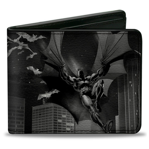 buckle down Bi-Fold Wallet - Batman Beauty of Flight Action Pose Bats Skyline Black Grays