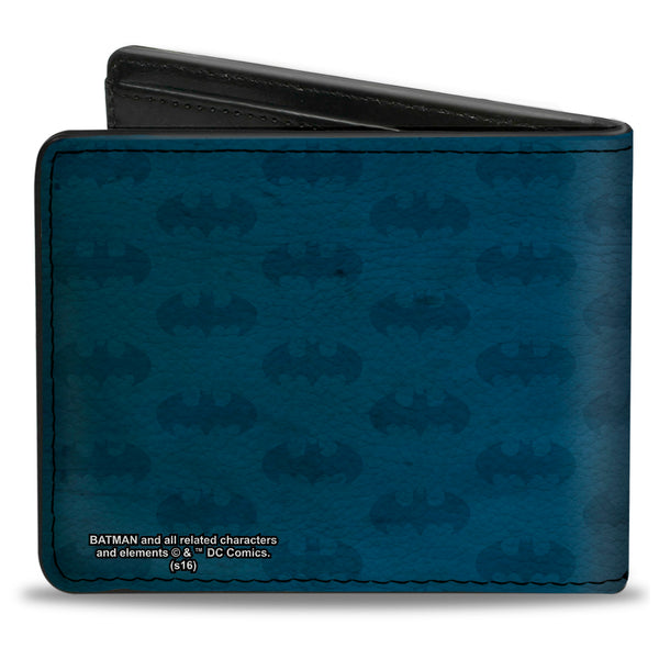 Buckle Down Bi-Fold Wallet - Batman Signal Bat Monogram Distressed Blues Black Yellow