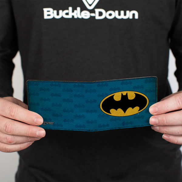 Buckle Down Bi-Fold Wallet - Batman Signal Bat Monogram Distressed Blues Black Yellow