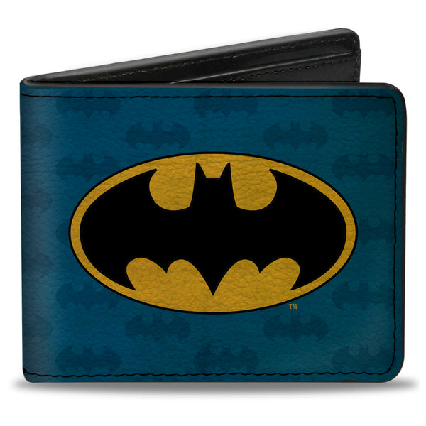 buckle down Bi-Fold Wallet - Batman Signal Bat Monogram Distressed Blues Black Yellow
