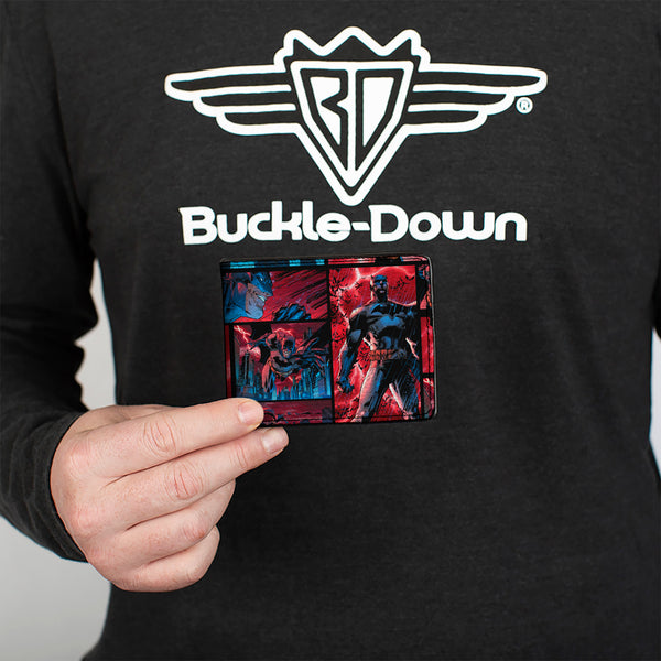 Buckle Down Bi-Fold Wallet - Batman Urban Legends Scene Blocks Rainy Red Sky