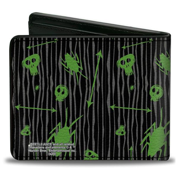 Buckle Down Bi-Fold Wallet - BEETLEJUICE Roach Skull Doodles Collage Black Gray Green Purple