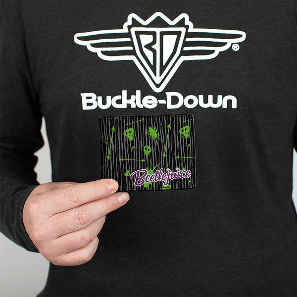Buckle Down Bi-Fold Wallet - BEETLEJUICE Roach Skull Doodles Collage Black Gray Green Purple