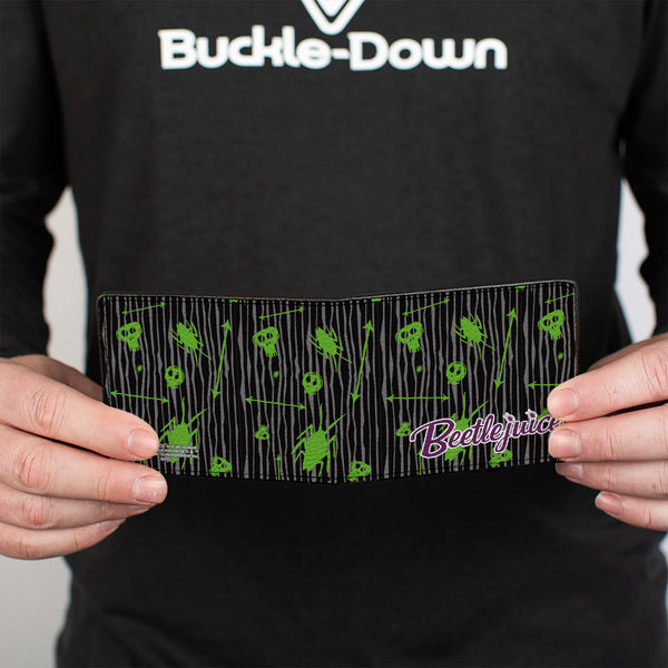 Buckle Down Bi-Fold Wallet - BEETLEJUICE Roach Skull Doodles Collage Black Gray Green Purple