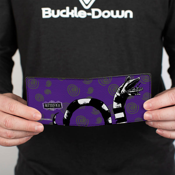 Buckle Down Bi-Fold Wallet - Beetlejuice Sandworm Swirls + Logo Purple Green Black White
