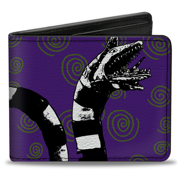 buckle down Bi-Fold Wallet - Beetlejuice Sandworm Swirls + Logo Purple Green Black White