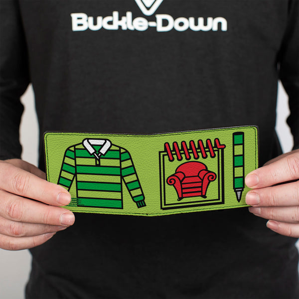 Buckle Down Bi-Fold Wallet - Blue's Clues Steve's Handy Dandy Notebook Thinking Chair + Striped Shirt Greens Black Red