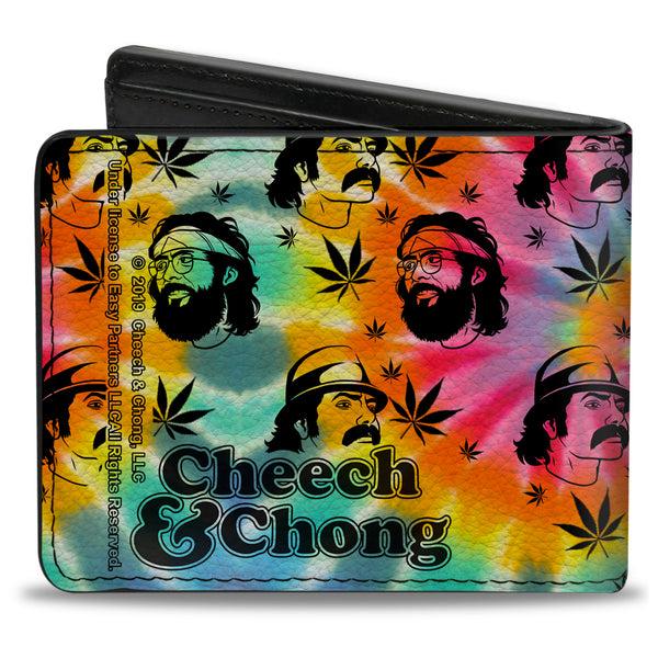 Buckle Down Bi-Fold Wallet - CHEECH & CHONG Caricature Faces Pot Leaves Scattered Tie Dye Multi Color Black