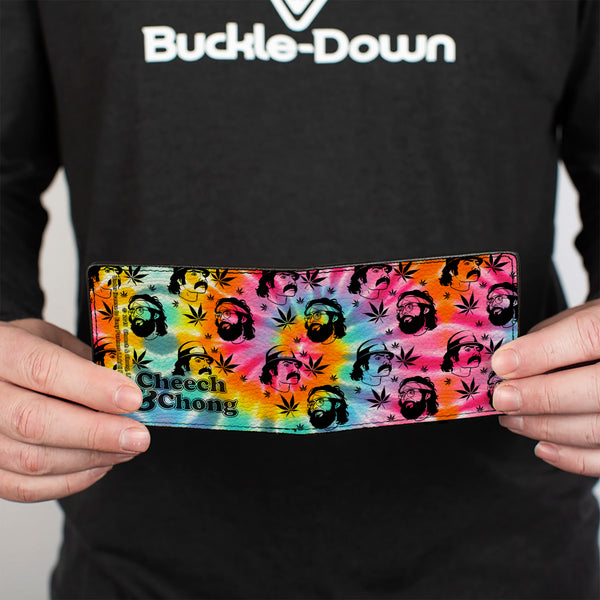 Buckle Down Bi-Fold Wallet - CHEECH & CHONG Caricature Faces Pot Leaves Scattered Tie Dye Multi Color Black