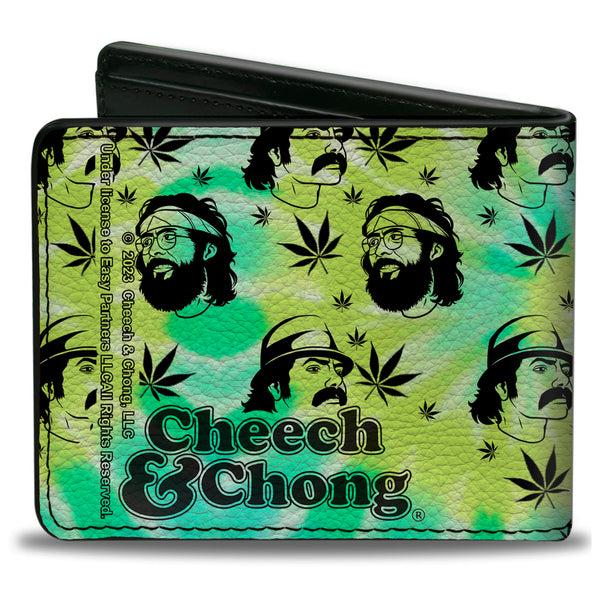 Buckle Down Bi-Fold Wallet - CHEECH & CHONG Caricature Faces/Pot Leaves Scattered Tie Dye Greens/Black