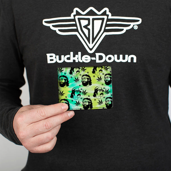 Buckle Down Bi-Fold Wallet - CHEECH & CHONG Caricature Faces/Pot Leaves Scattered Tie Dye Greens/Black