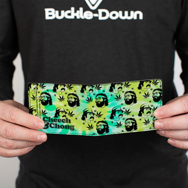 Buckle Down Bi-Fold Wallet - CHEECH & CHONG Caricature Faces/Pot Leaves Scattered Tie Dye Greens/Black
