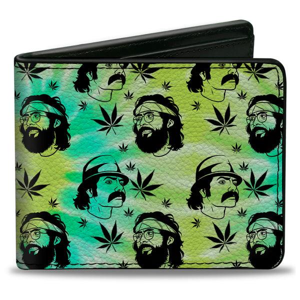 buckle down Bi-Fold Wallet - CHEECH & CHONG Caricature Faces/Pot Leaves Scattered Tie Dye Greens/Black