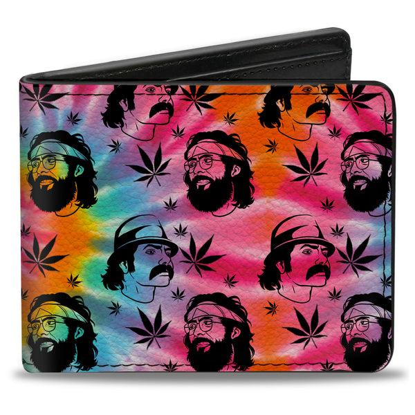 buckle down Bi-Fold Wallet - CHEECH & CHONG Caricature Faces Pot Leaves Scattered Tie Dye Multi Color Black