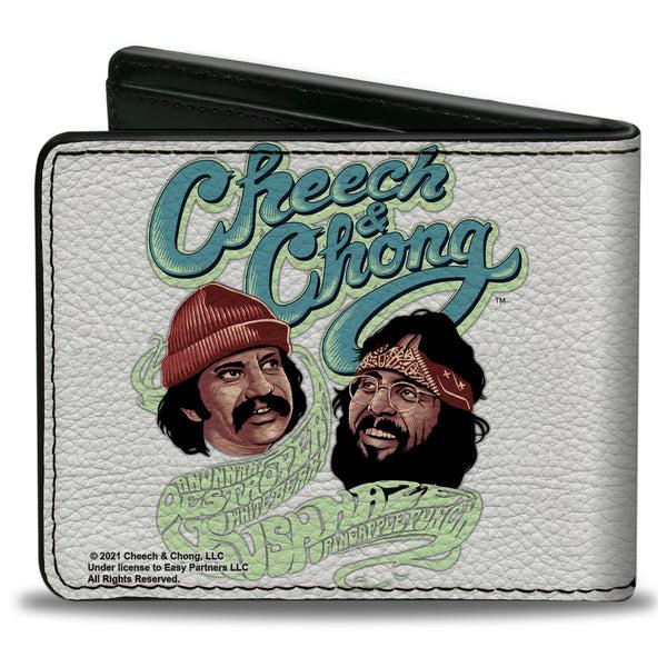 Buckle Down Bi-Fold Wallet - CHEECH & CHONG Faces And Weed Strains Smoke Text White