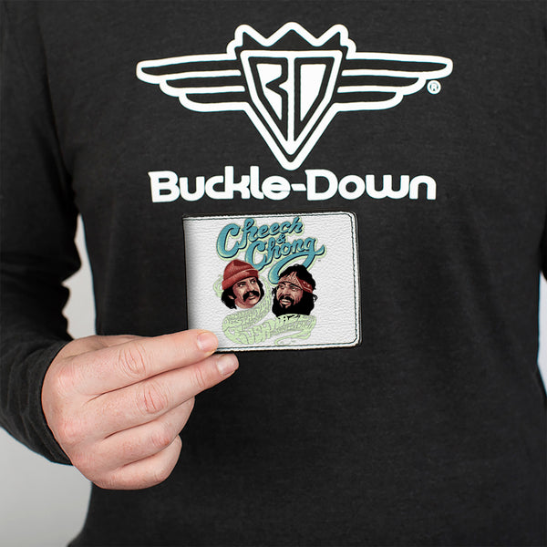 Buckle Down Bi-Fold Wallet - CHEECH & CHONG Faces And Weed Strains Smoke Text White