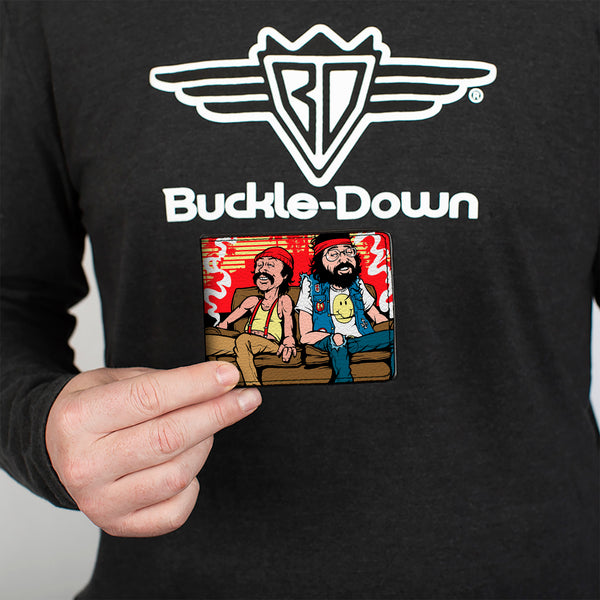Buckle Down Bi-Fold Wallet - Cheech & Chong On Couch Cartoon + Smoke Cloud Logo Black Blue White