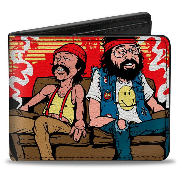 buckle down Bi-Fold Wallet - Cheech & Chong on Couch Cartoon + Smoke Cloud Logo Black Blue White
