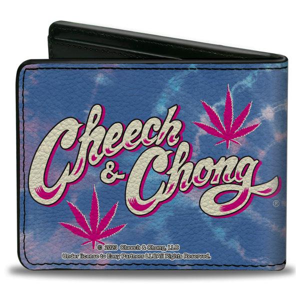 Buckle Down Bi-Fold Wallet - CHEECH & CHONG Title Logo With Bud Leaf Tie Dye Blues/Pinks/White