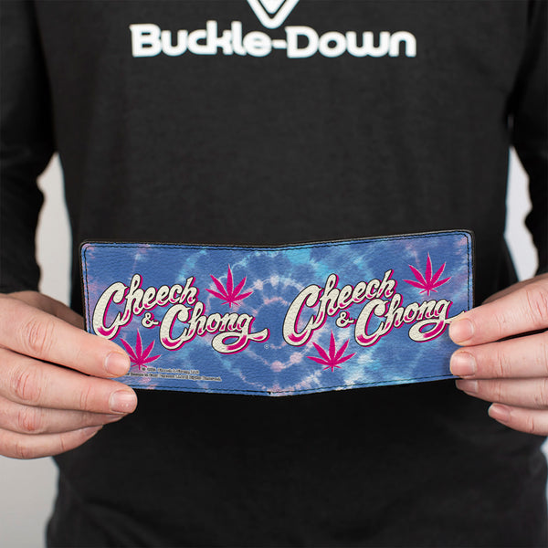 Buckle Down Bi-Fold Wallet - CHEECH & CHONG Title Logo With Bud Leaf Tie Dye Blues/Pinks/White