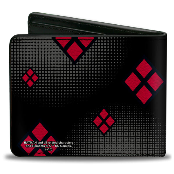 Buckle Down Bi-Fold Wallet - Chibi Harley Quinn Splits Dots Diamonds Black Gray Red