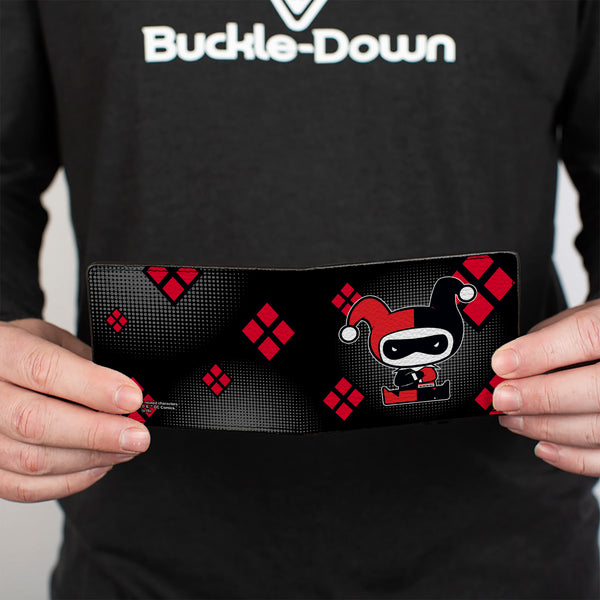 Buckle Down Bi-Fold Wallet - Chibi Harley Quinn Splits Dots Diamonds Black Gray Red
