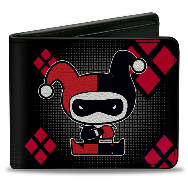 buckle down Bi-Fold Wallet - Chibi Harley Quinn Splits Dots Diamonds Black Gray Red