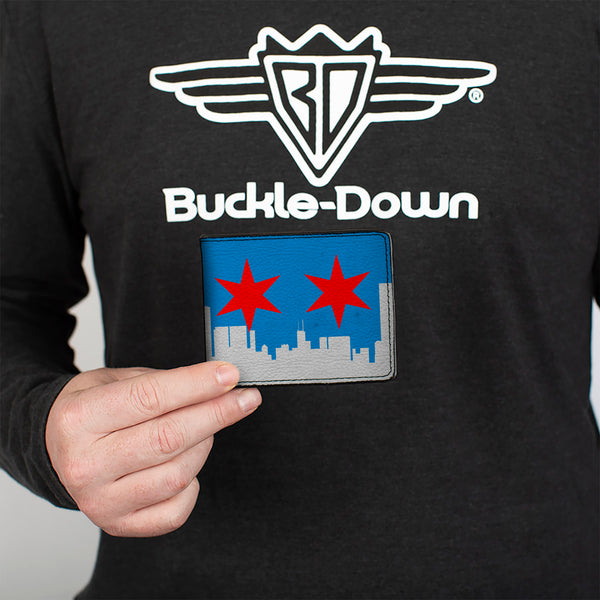 Buckle Down Bi-Fold Wallet - Chicago Skyline Flag Distressed Black White Red