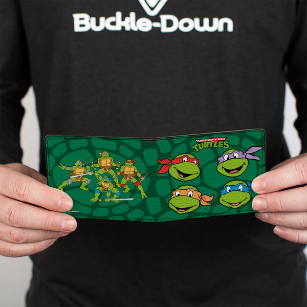 Buckle Down Bi-Fold Wallet - Classic TEENAGE MUTANT NINJA TURTLES Group Faces + Pose Turtle Shell Black Green